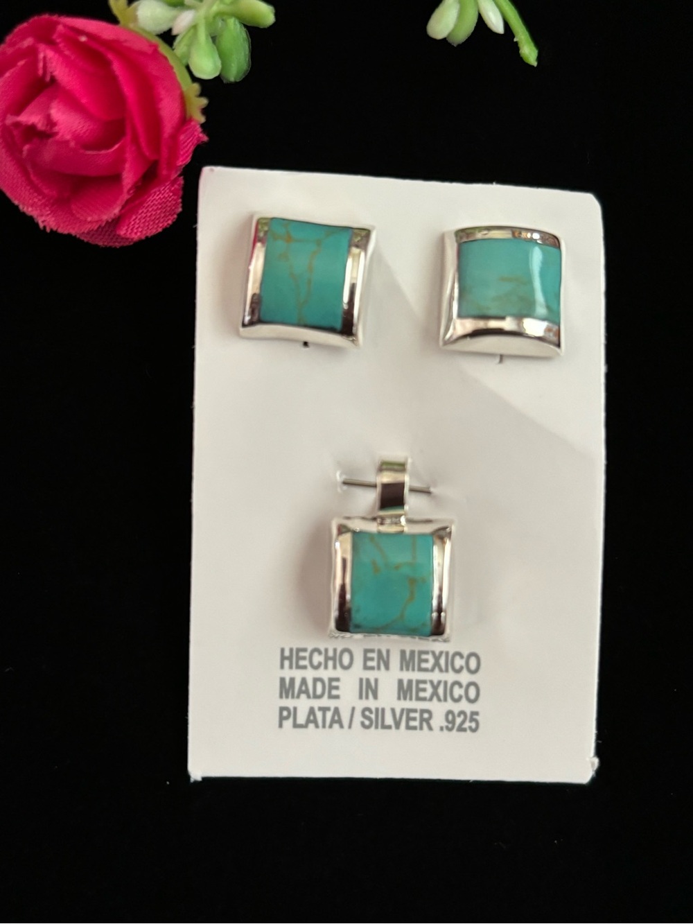 Sterling Silver Turquoise Square Pendant & Stud Earring Set